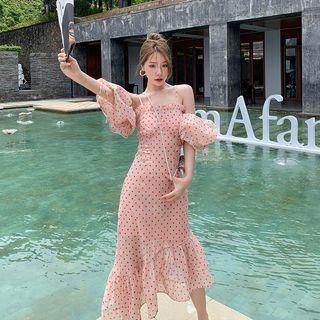 Puff-sleeve Cold-shoulder Dotted Midi A-line Dress