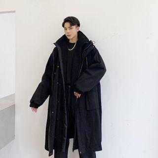 Hooded Fleece-lined Zip-up Long Coat