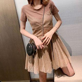 Short-sleeve Sequined Sheer Panel T-shirt Dress