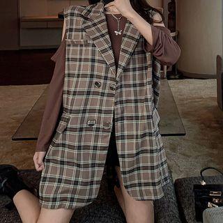 Cold-shoulder Long-sleeve T-shirt / Plaid Vest