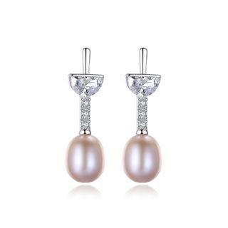 Sterling Silver Fashion Simple Geometric Purple Freshwater Pearl Earrings With Cubic Zirconia Silver - One Size