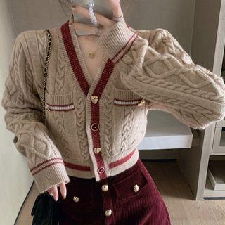 Contrast Trim Cable Knit Cardigan Cardigan - Coffee - One Size