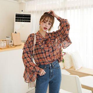 Tie-neck Frilled Plaid Chiffon Top