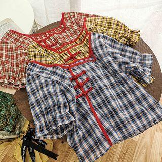 Plaid Square-neck Cropped Blouse