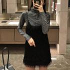 Long-sleeve Cowl-neck Top / Spaghetti Strap Fringed Mini Dress