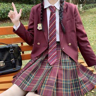 Button Blazer / Shirt / Bow Tie / Plaid Pleated Skirt