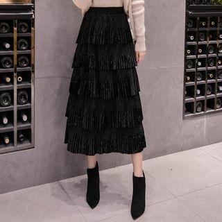 Layered Velvet Midi A-line Skirt