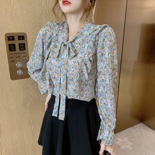 Long-sleeve Floral Print Tie-neck Ruffled Chiffon Blouse