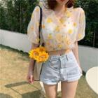 Puff-sleeve Floral Embroidered Cropped Top Yellow - One Size
