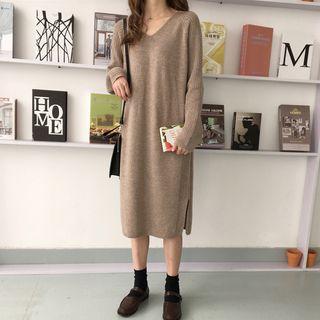 V-neck Long-sleeve Knit Dress Oatmeal - One Size