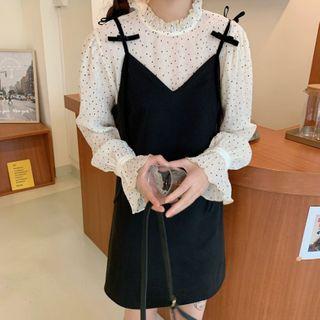 Frilled Trim Dotted Blouse / V-neck Spaghetti Strap Dress