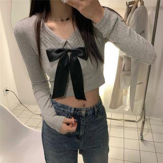 Long-sleeve Tie Neck Cropped Top Gray - One Size