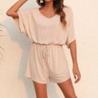 Elbow-sleeve Drawstring-waist Romper
