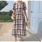 Short Sleeve Plaid Midi Dress As Shown In Figure - One Size