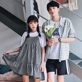 Couple Matching Spaghetti Strap Gingham Shift Dress/ Short-sleeve Hooded Plaid Top