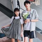 Couple Matching Spaghetti Strap Gingham Shift Dress/ Short-sleeve Hooded Plaid Top