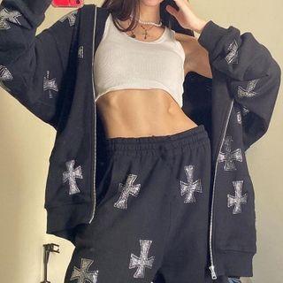 Set: Rhinestone Cross Zip-up Hoodie + Pants