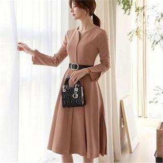 Pleated-trim A-line Dress With Belt