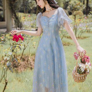 Short-sleeve Floral Print Mesh Midi A-line Dress