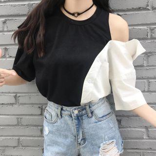 Two-tone Cold-shoulder Short-sleeve T-shirt