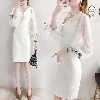Set: Lantern-sleeve Mesh Top + V-neck Pinafore Dress
