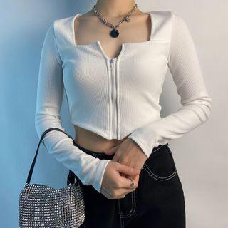 Long-sleeve Zip-up Crop Top White - One Size