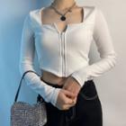 Long-sleeve Zip-up Crop Top White - One Size