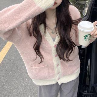 V-neck Contrast Trim Long-sleeve Cardigan Pink - One Size