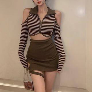 Long-sleeve Cold-shoulder Striped Zip-up Crop Top / Mini Pencil Skirt