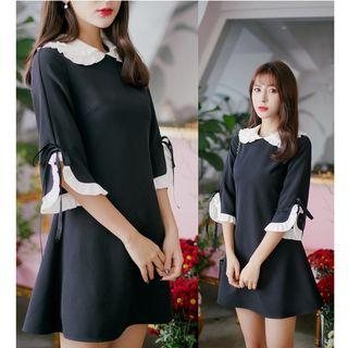 Contrast Collar 3/4-sleeve A-line Dress