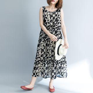 Drawstring Printed Sleeveless Midi Dress
