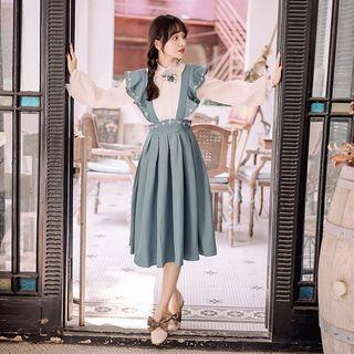 Long-sleeve Blouse / Suspender Midi A-line Skirt / Set