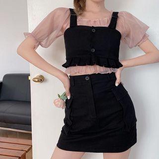 Short-sleeve Blouse / Cropped Camisole / Mini A-line Skirt