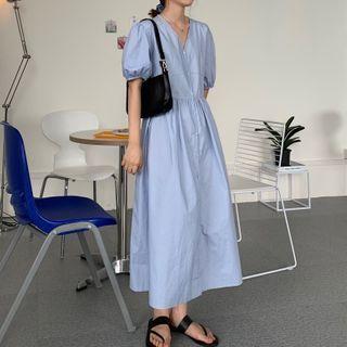 V-neck Short-sleeve Midi Shift Dress Blue - One Size