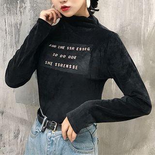 Lettering Velvet Mock Neck Long-sleeve T-shirt