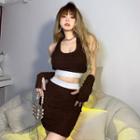 Set: Two Tone Halter Top + Mini Skirt + Arm Sleeves