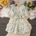 Short-sleeve Ruffle Neck Floral A-line Dress