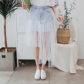 Asymmetric Tulle-hem Denim Skirt