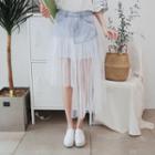 Asymmetric Tulle-hem Denim Skirt
