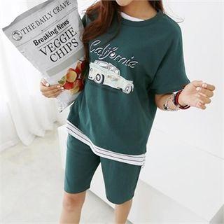 Set: Car-printing Lettering T-shirt + Sweat Shorts