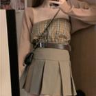 Long-sleeve Shrug / Plaid Tube Top / Pleated Skirt