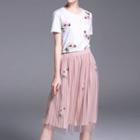 Set: Short-sleeve Embroidered T-shirt + Pleated Midi Skirt