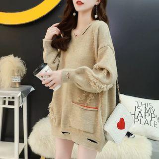 V-neck Tasseled Ripped Sweater