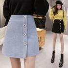 Buttoned Asymmetric Woolen Mini Skirt