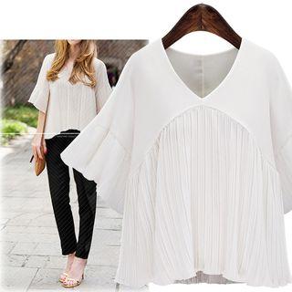 Short Sleeve V-neck Accordion Pleat Chiffon Top