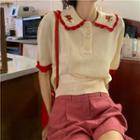 Short-sleeve Collar Flower Embroidered Knit Top