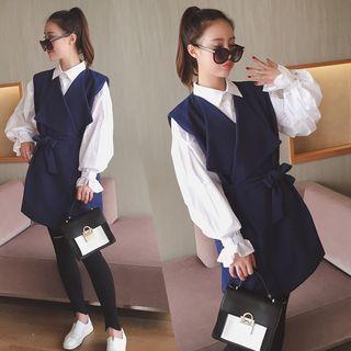 Set: Puff-sleeve Blouse + Sleeveless Jacket