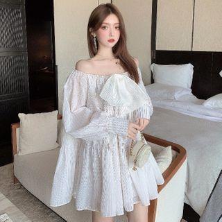 Striped Off-shoulder Mini Shift Dress