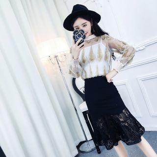 Set: Embroidered Blouse + Camisole + Lace Skirt
