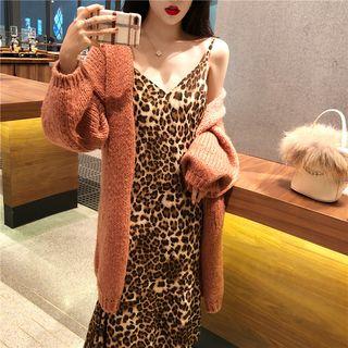 Long-sleeve Long Cardigan / Leopard Spaghetti Strap Dress